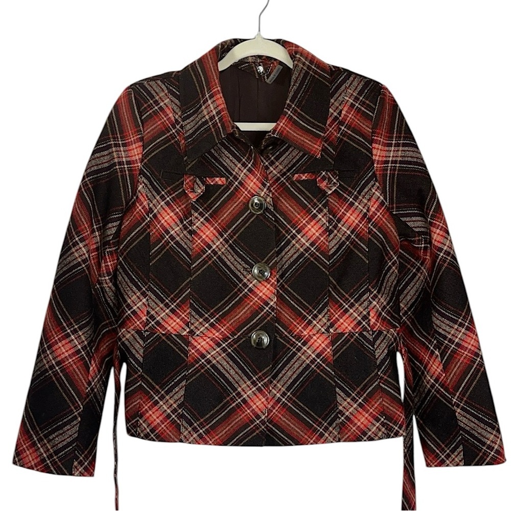 Plaid belted tweed large button peplum hem lined jacket Sz S/M Red/Brwn